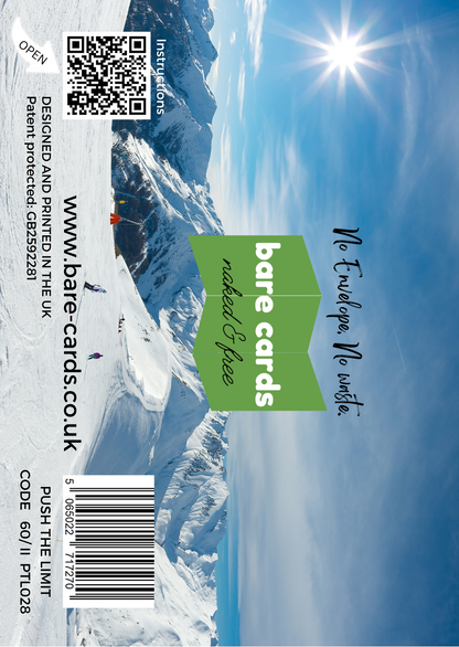 Image shows the front posting cover for the Bare Cards Push the Limit Tri-fold Winter Sports Birthday Cards showing a full colour image of a mountainous ski scene.
The Bare Cards logo is in the centre. There is also a QR Code to scan for instructions and a barcode for retail. 
The Bare Cards Patent Number and SKU for the card is also displayed. 