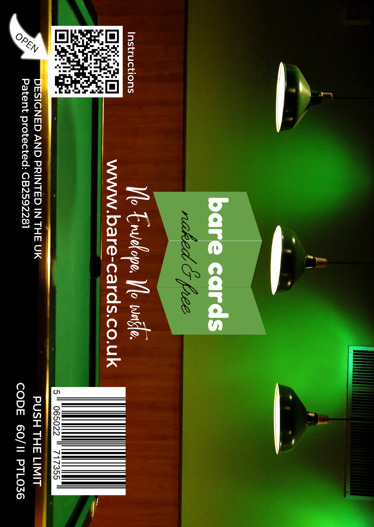 Image shows the front posting cover for the Bare Cards Push the Limit Tri-fold Snooker Birthday Cards showing a full colour image of a snooker table.
The Bare Cards logo is in the centre. There is also a QR Code to scan for instructions and a barcode for retail. 
The Bare Cards Patent Number and SKU for the card is also displayed. 