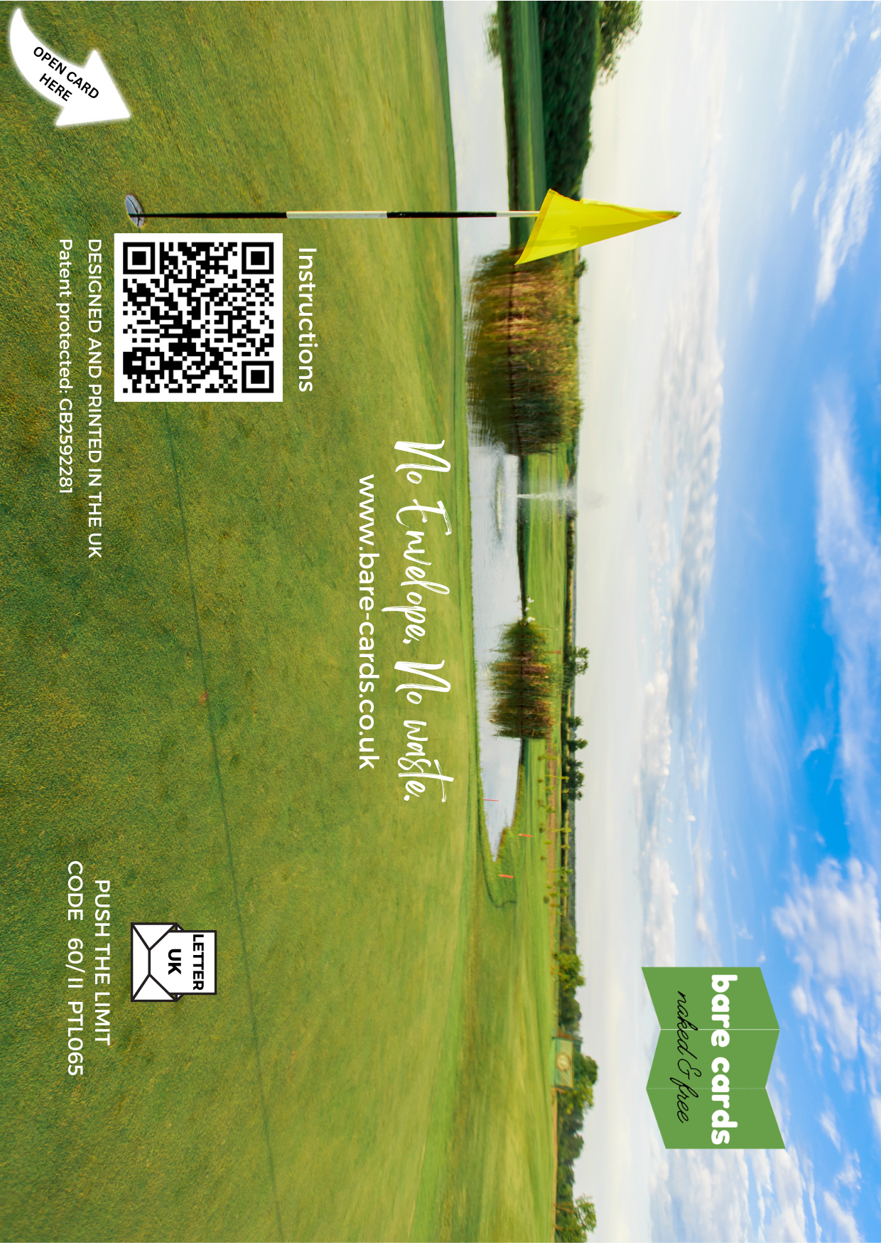 Self-seal back of envelope for Female Golf "Push the Limit" birthday card for Daughter-in-Law PTL065 featuring a scenic golf course with yellow flag, QR code and Bare Cards branding.
