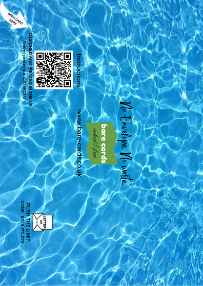 Colourful swimming pool design, self-seal back of envelope for Female Swimming "Push the Limit" birthday card for granddaughter PTL070 with a QR code and branding on a black background