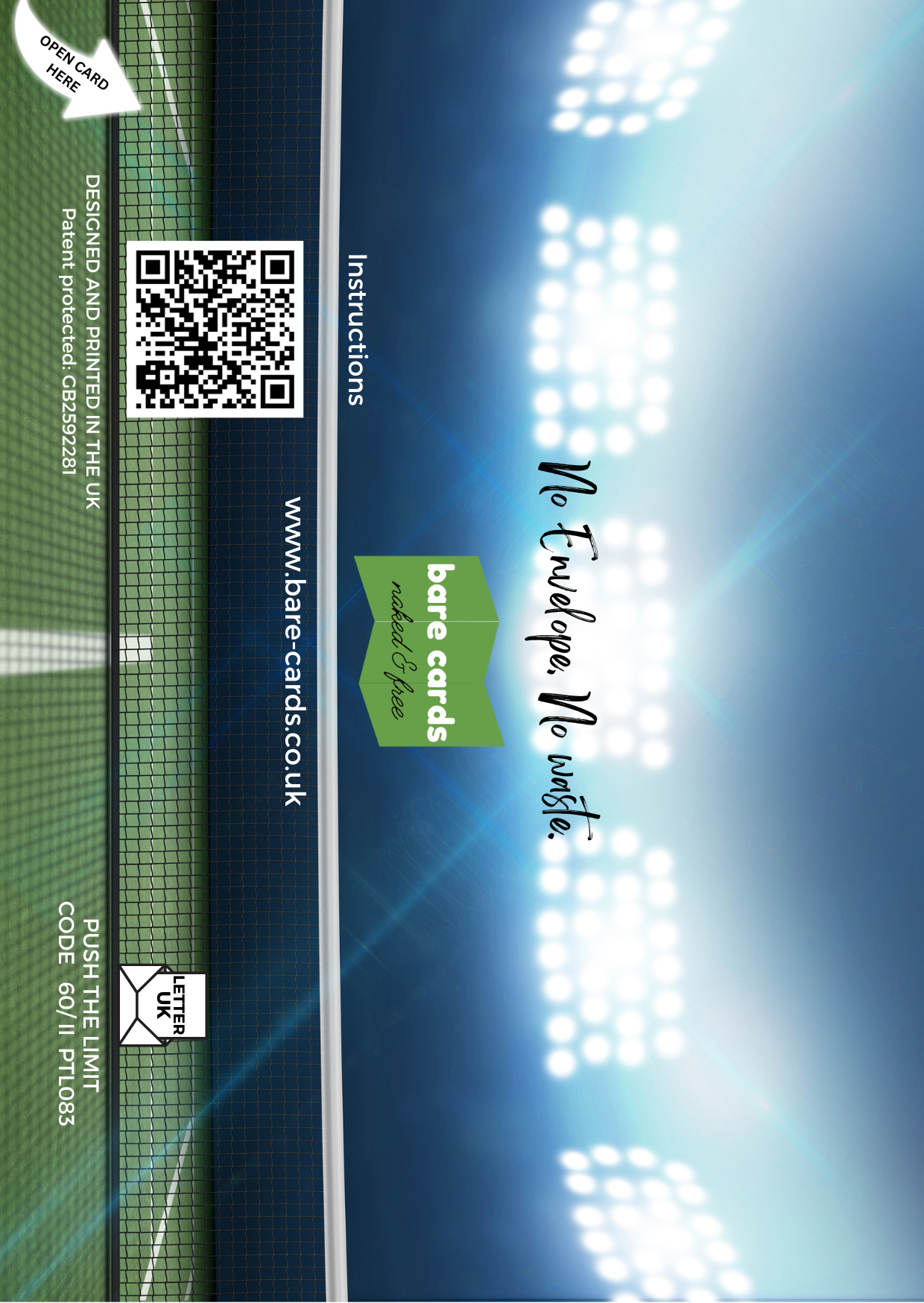 Self-seal back of envelope for Female Tennis "Push the Limit" birthday card for Daughter-in-Law PTL083 featuring a floodlit tennis court background, QR code and Bare Cards branding.