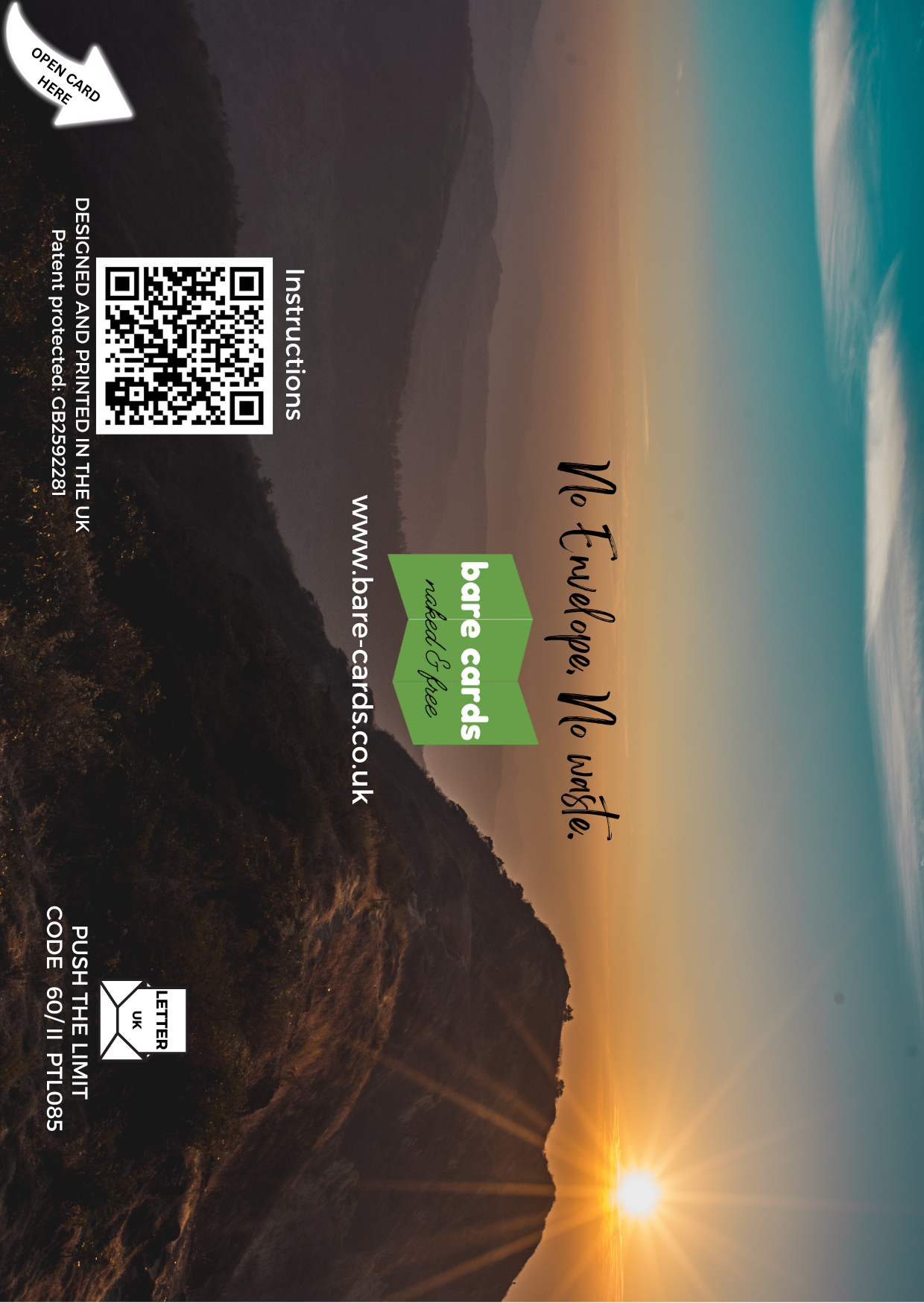 Self-seal back of envelope for  female Friend Support Card PTL085 featuring a stunning mountain sunset scene background, QR code and Bare Cards branding.