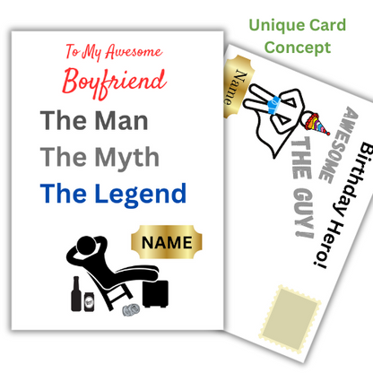 Personalised Greetings Card for your legendary boyfriend on this birthday, complete with funny illustrated posting pages just for him.