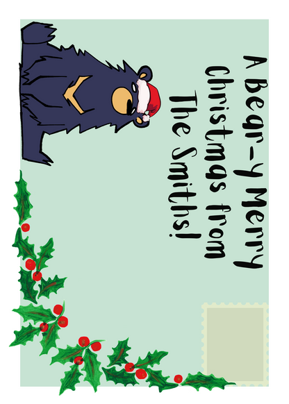Personalized front of inky bead Christmas envelope with green background, a sitting bear wearing a Christmas hat, some Holly and the words a bear-y merry Christmas from The Smiths 