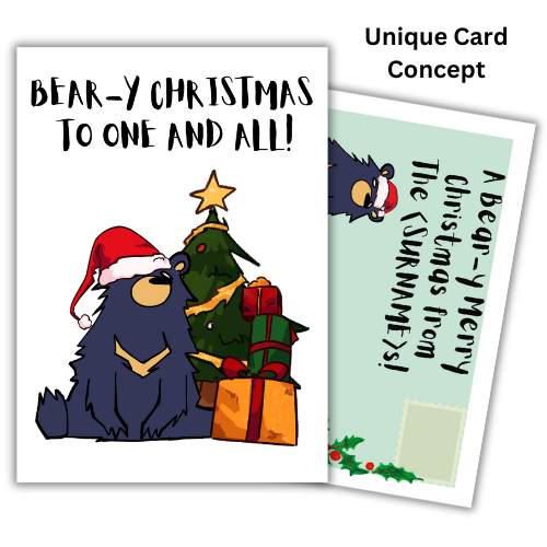 A self-selaing personalised Christmas card featuring a colorful illustration of a bear with a Christmas tree and gifts in the background, with a space for a name and message on the built-in envelope panels.
