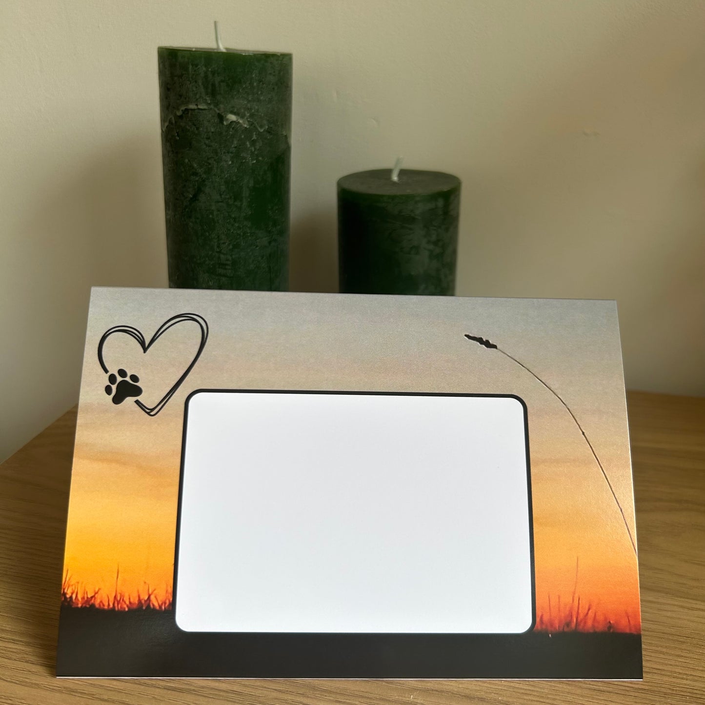 The image is a photo of the  front of the Bare Cards envelope pages for the Dependable Friends Trifold Photographic Dog Range depicting a silhouette of a field on a sunset background. 