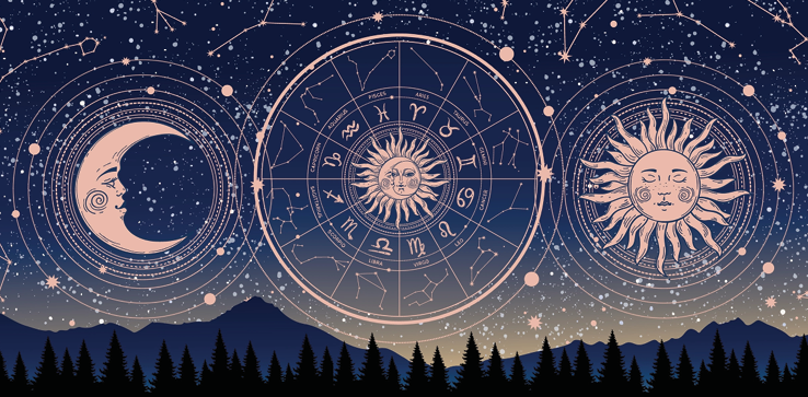 Zodiac signs with celestial bodies and mountain landscape