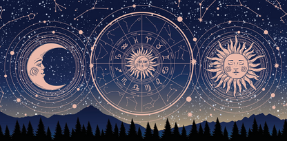 Zodiac signs with celestial bodies and mountain landscape