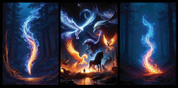 Triptych of fantasy artwork featuring dragons and mystical creatures in a forest setting.