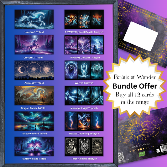 Primary Product image for the Bare Cards Self-Sealing Portals of Wonder Bundle Offer showing all 1 cards in the mystical range with the mystical posting covers and a gold offer star stating it is a bundle offer.