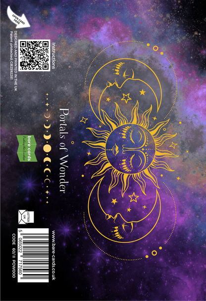 Card with sun and moon design on a cosmic background, featuring a QR code and branding.