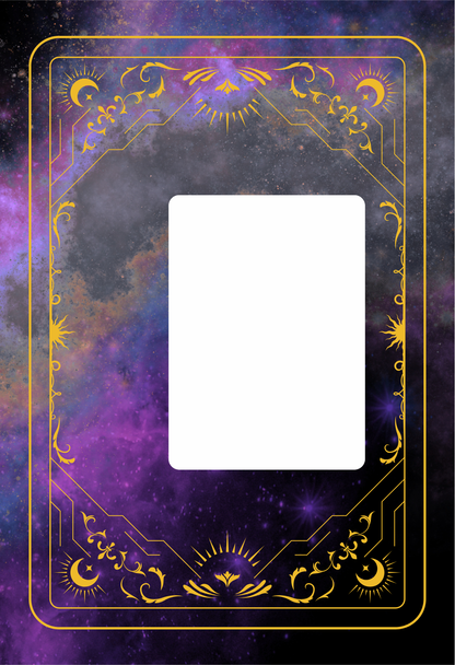 Decorative card with gold border and white center on a purple and black gradient background