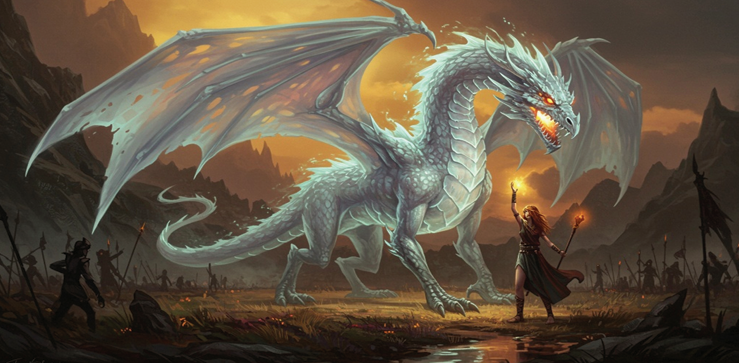 Illustration of a dragon and a warrior in a fantasy setting with mountains and sunset.