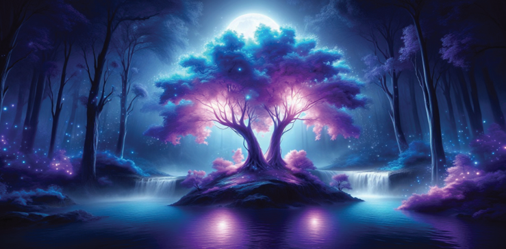 Enchanted forest with a glowing tree at night