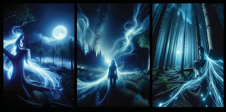 Triptych of a fantasy forest scene with glowing blue energy and a moonlit sky.