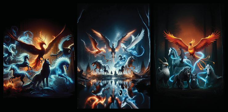 Three panels of artwork featuring mythical creatures and horses in a dark setting.