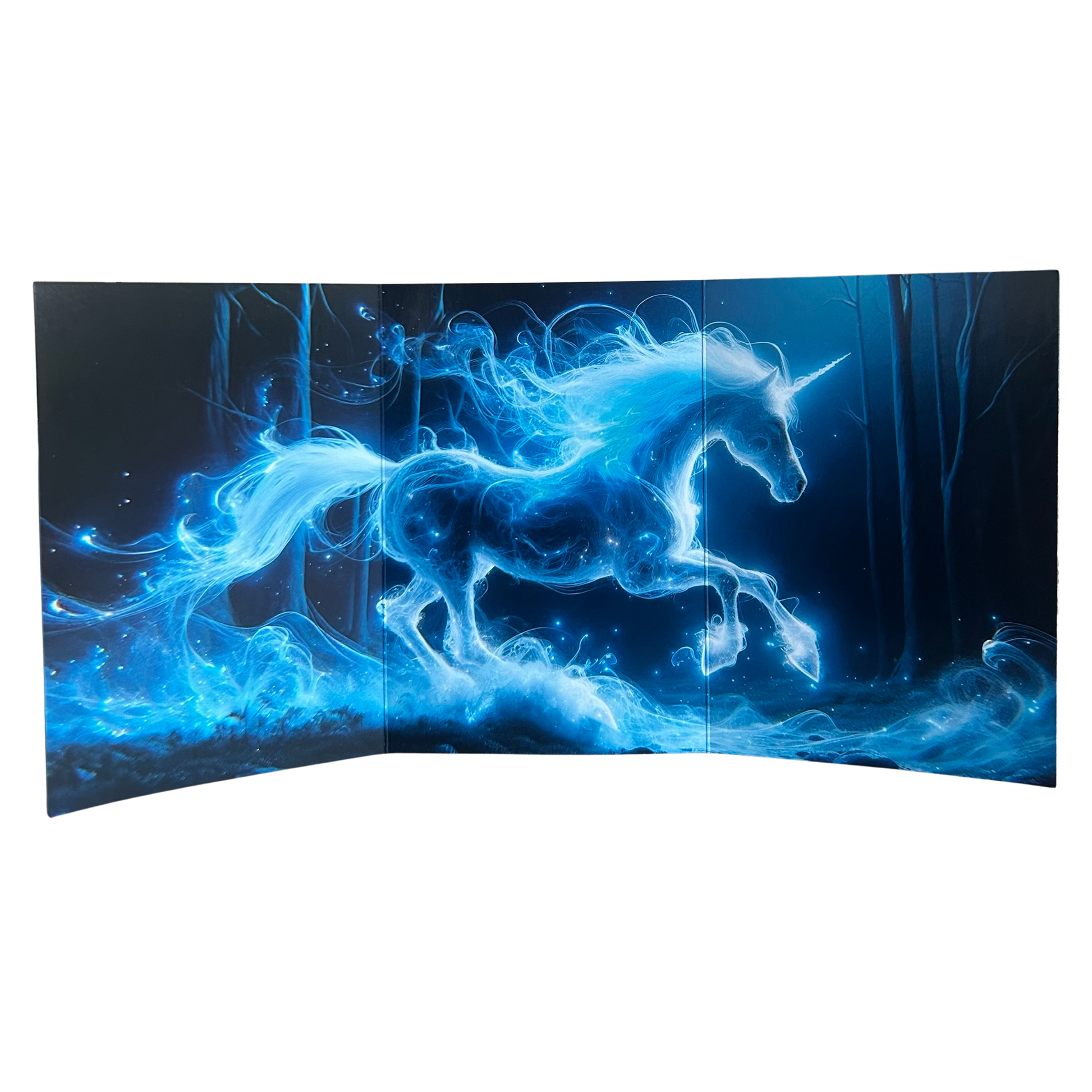 Blue glowing unicorn design on a black background
