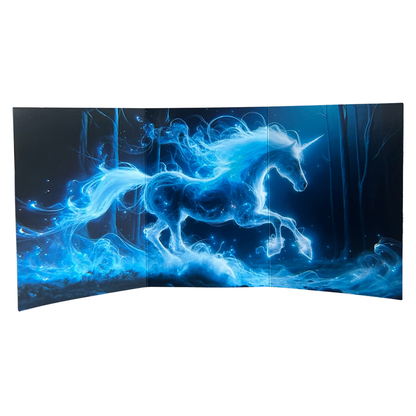 Blue glowing unicorn design on a black background
