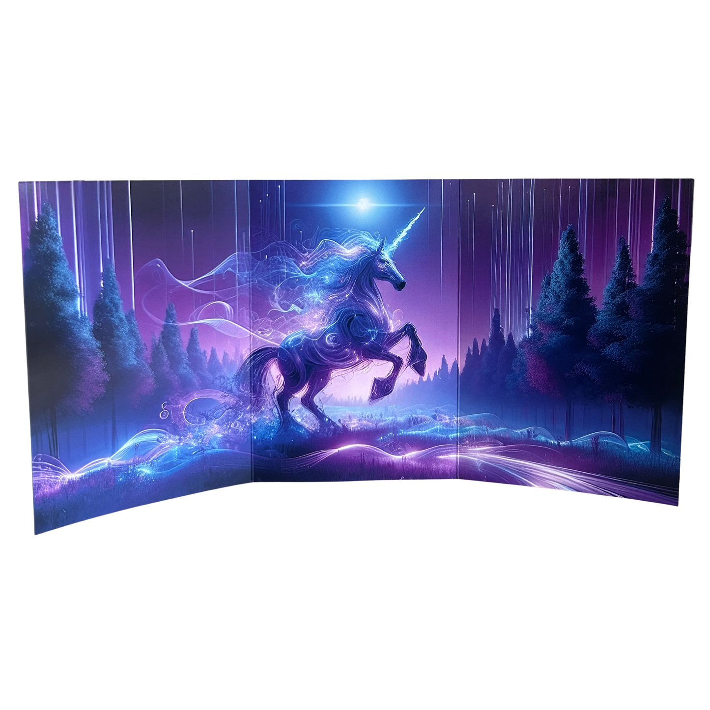 Unicorn in a fantasy forest with purple and blue hues
