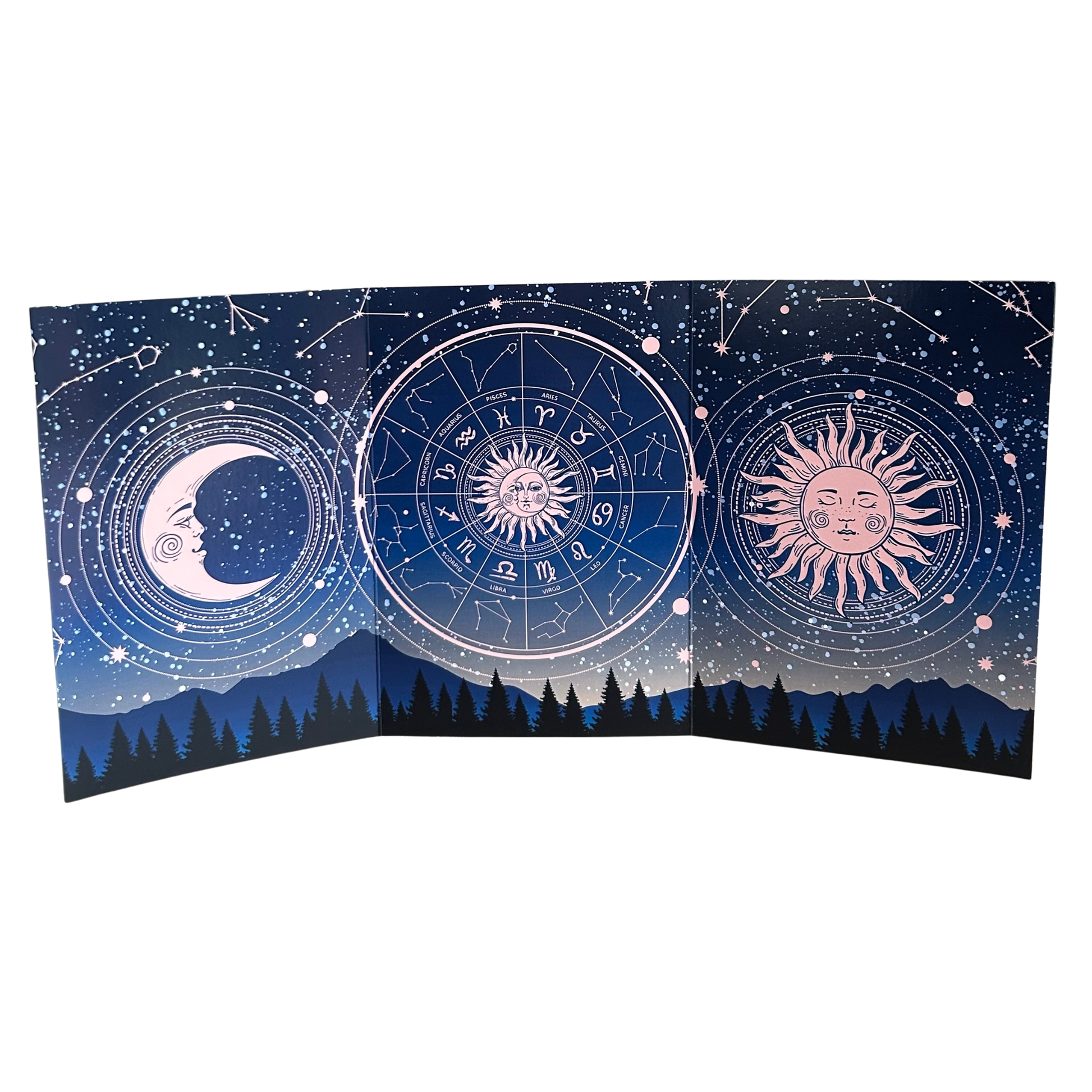 Decorative tapestry with celestial designs of sun, moon, and zodiac symbols against a starry night sky.