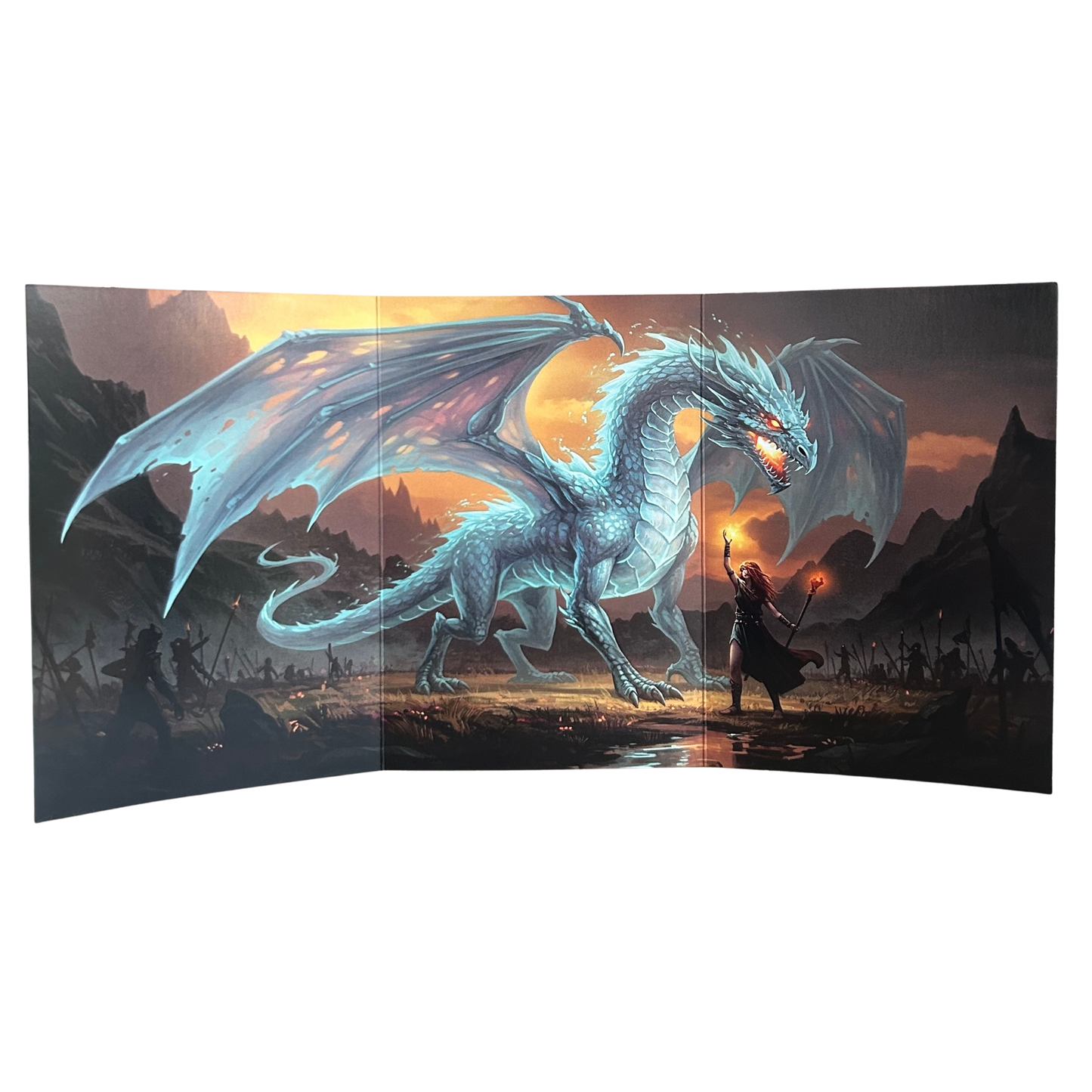 Illustration of a dragon and a warrior with a sunset background