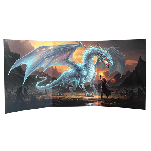 Illustration of a dragon and a warrior with a sunset background