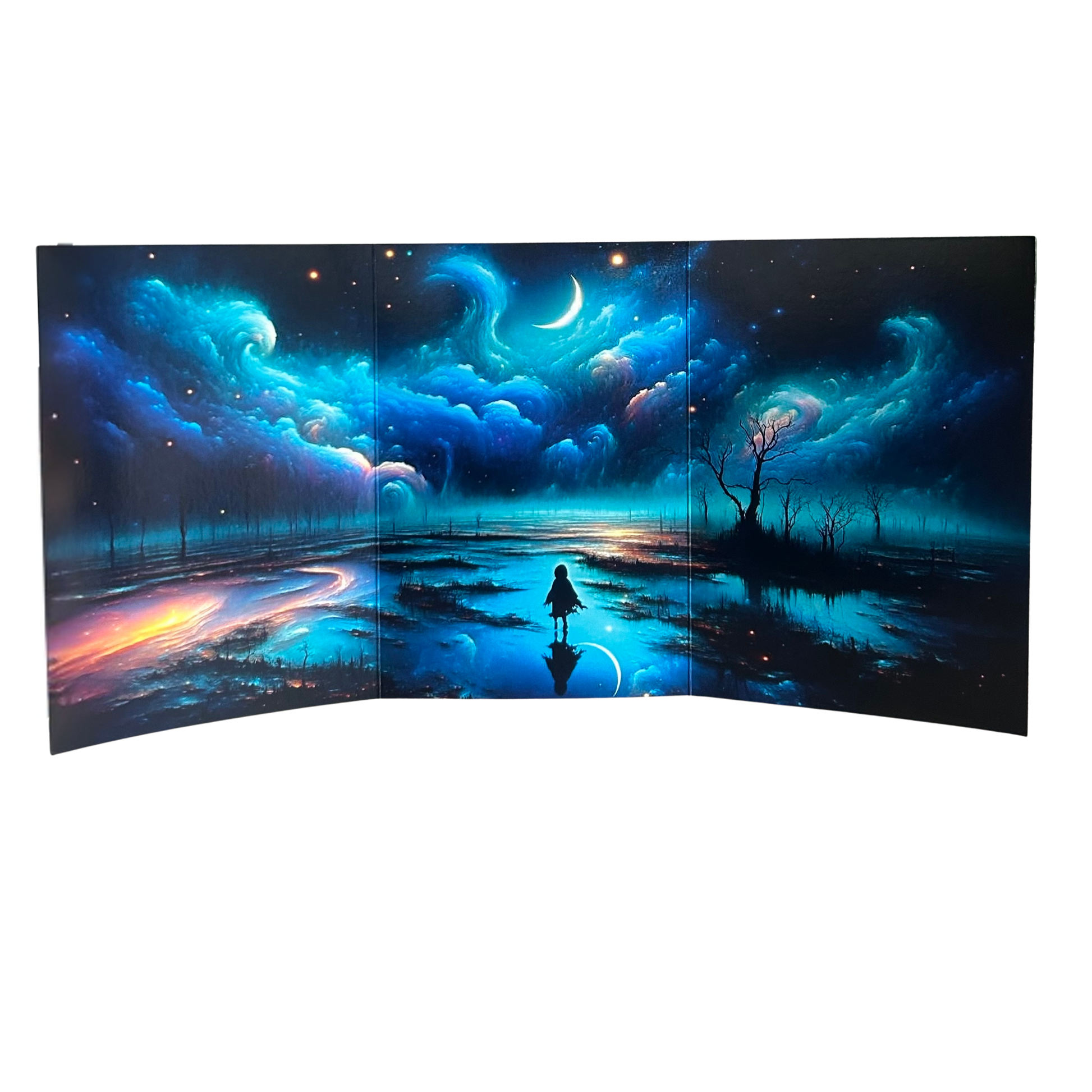 Futuristic landscape with a person standing on a reflective surface, surrounded by swirling blue and purple clouds.