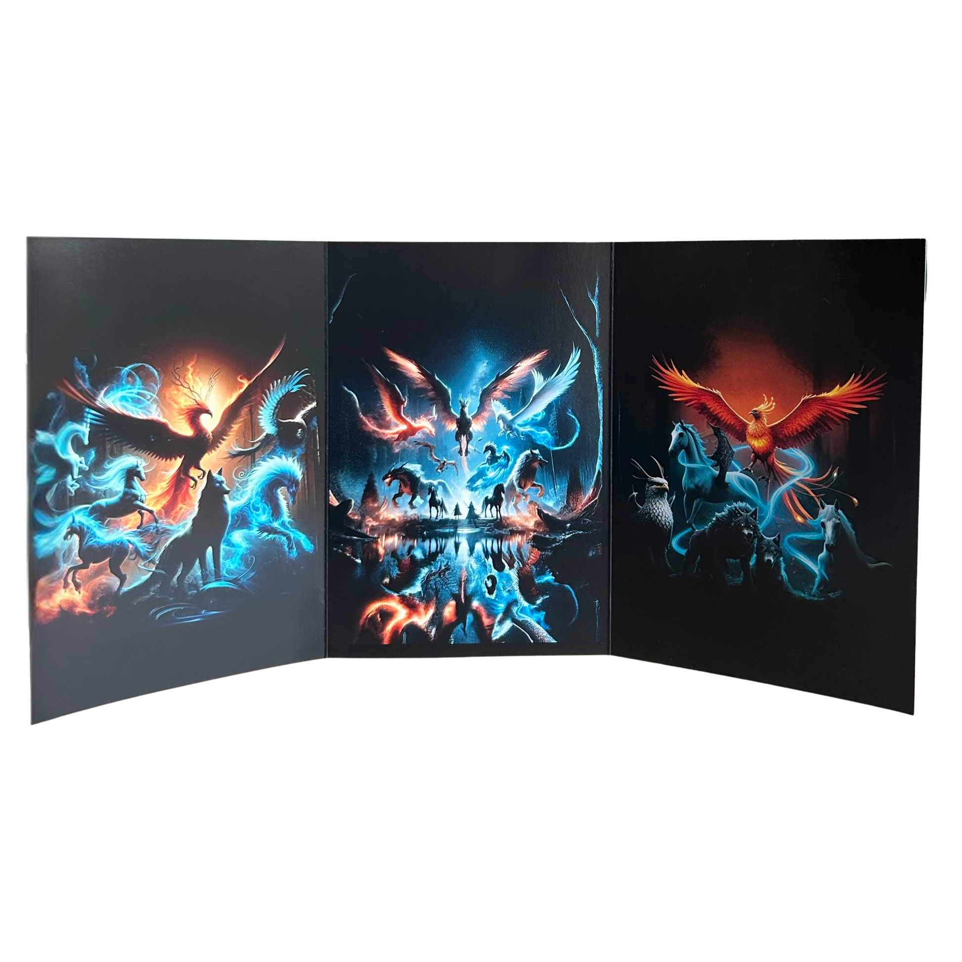 Triptych artwork of a mythical creature with vibrant colors on a black background