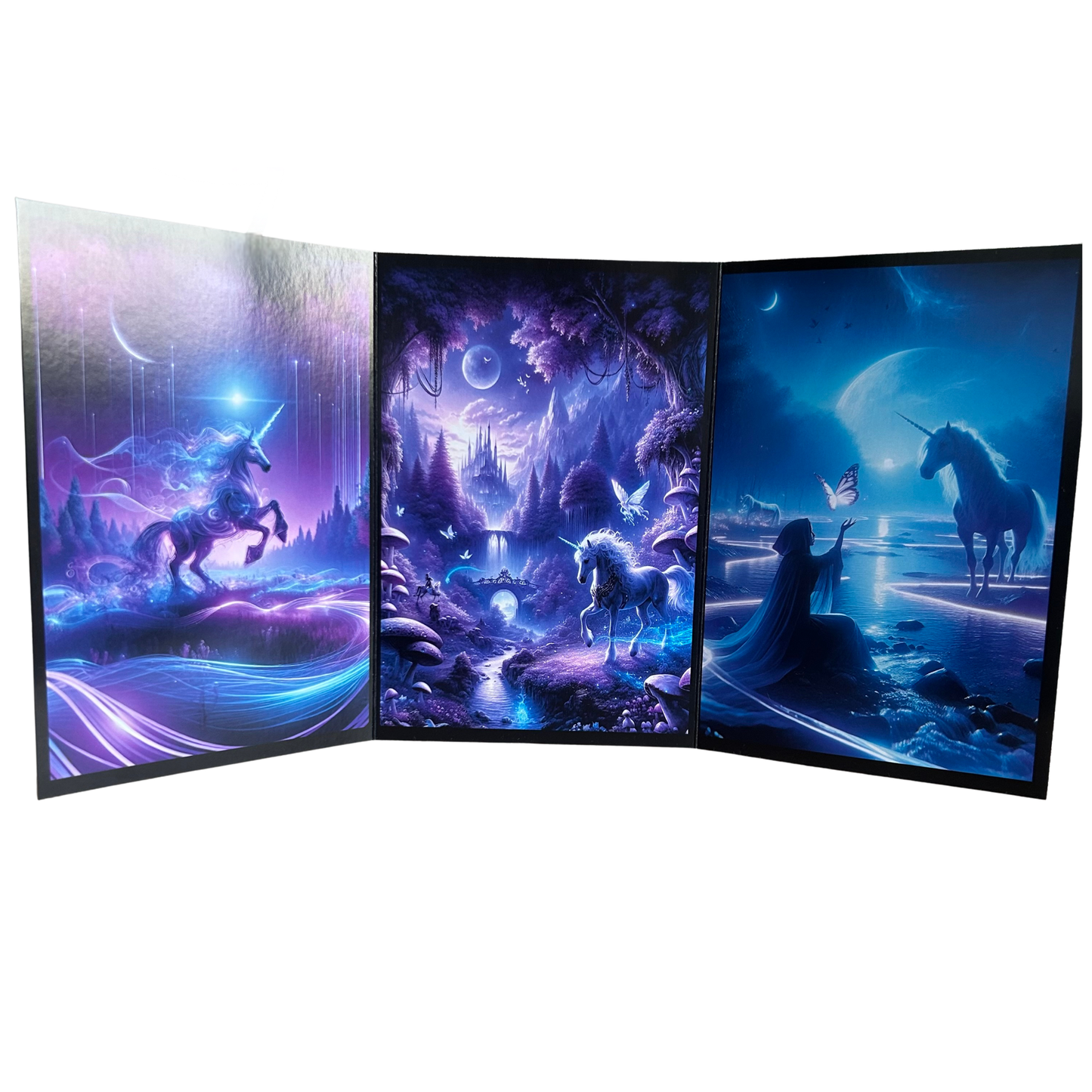 Three-panel artwork featuring unicorns and fantasy landscapes on a white background
