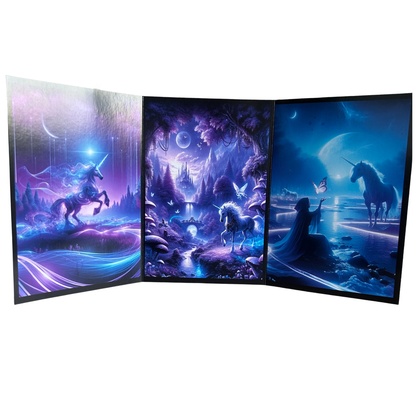 Three-panel artwork featuring unicorns and fantasy landscapes on a white background