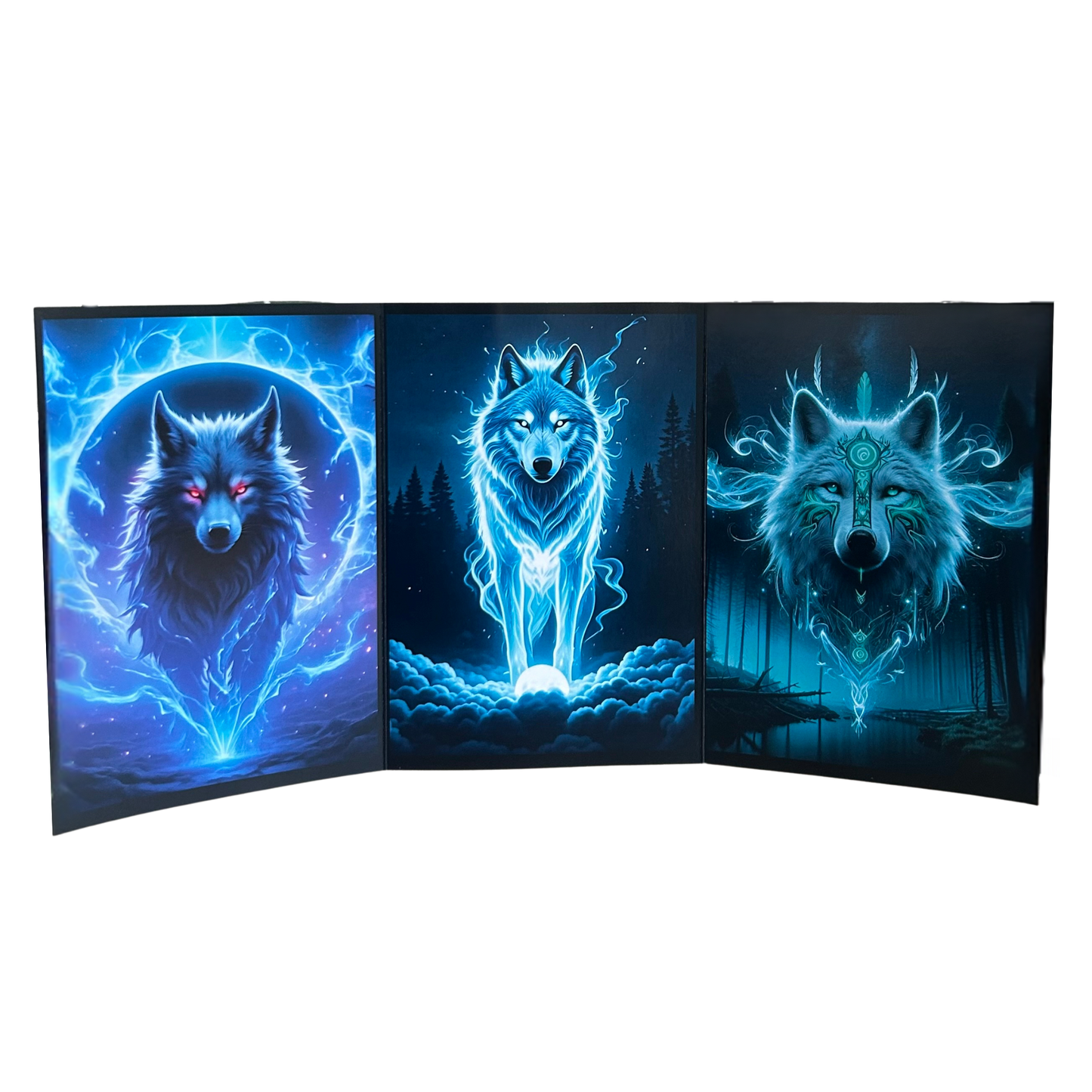 Triptych artwork of wolves with a mystical design on a white background