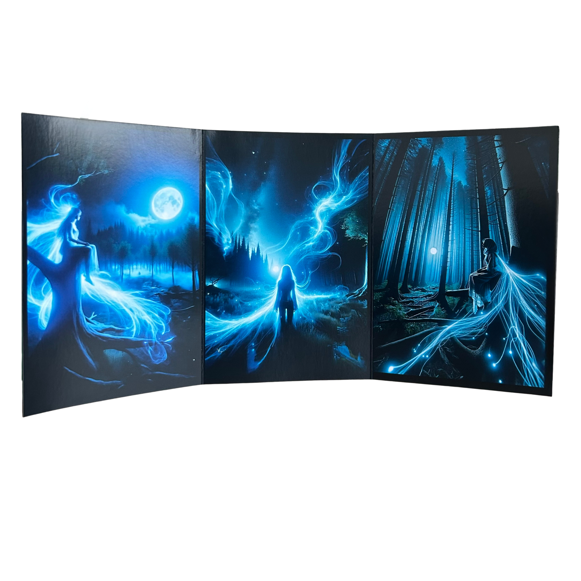 Triptych artwork with blue glowing elements and figures in a forest setting.