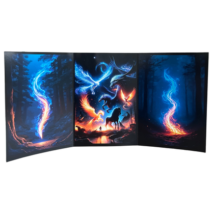 Triptych artwork with fantasy elements featuring a horse and mystical creatures.