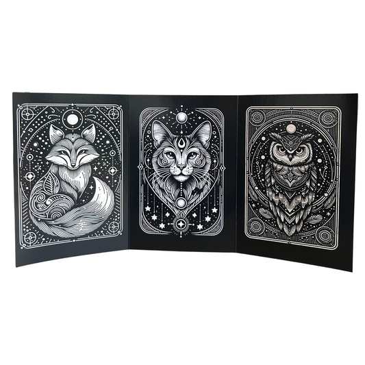 Triptych of black and white animal illustrations on a white background