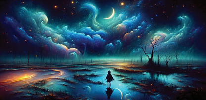 Futuristic landscape with a person standing on a reflective surface, surrounded by glowing clouds and trees.
