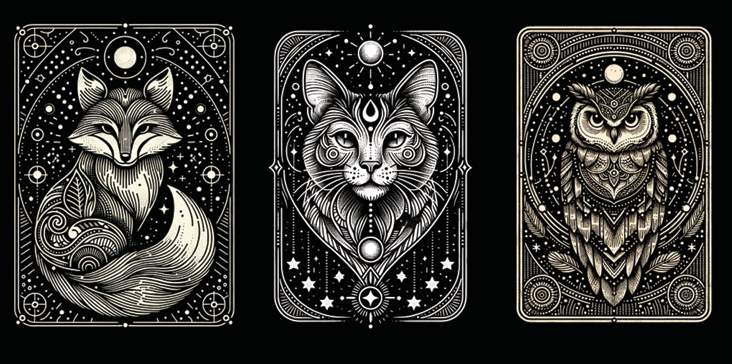 Three tarot cards featuring fox, cat, and owl with intricate designs on a black background.