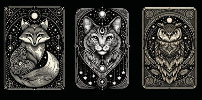 Three tarot cards featuring fox, cat, and owl with intricate designs on a black background.