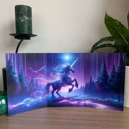 Unicorn in a fantasy landscape with purple and blue hues on a decorative panel.