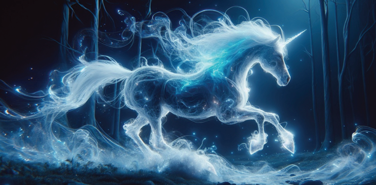 Blue unicorn in a mystical forest with glowing effects