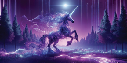 Unicorn in a mystical forest with purple and pink hues
