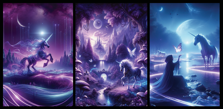 Three-panel artwork featuring unicorns and mystical landscapes trifold greetings card
