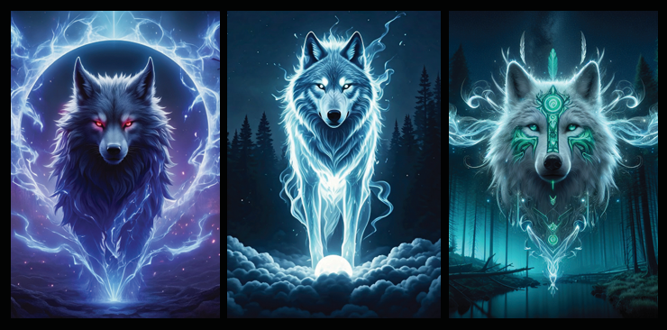 Three stylized wolf illustrations with glowing effects in a dark forest setting.