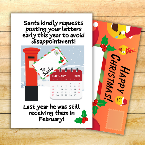 Image shows the front of the Santa Says Post Early Christmas Card and shows the fully-illustrated posting pages with red background and Christmas emojis behind