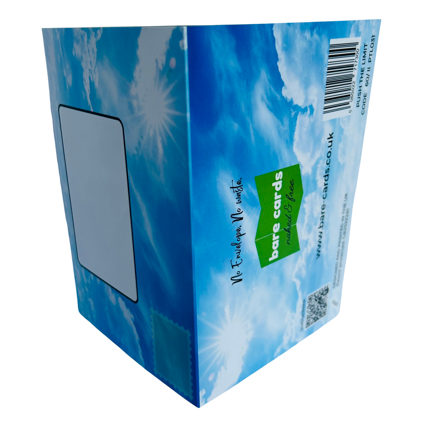 Trifold Aerial Sports Birthday Card from the Push the Limit Range. Image shows the two posting covers. The front posting cover to the left shows an image of blue skies with white clouds and has place to write the name and address of the recipient and an image to show where to put a stamp if needed. The back posting cover also shows the same image  and has the Bare Cards logo and tagline 'Naked and Free'. It also contains the barcode, website address, QR code for instructions, Patent Number and Retail Codes