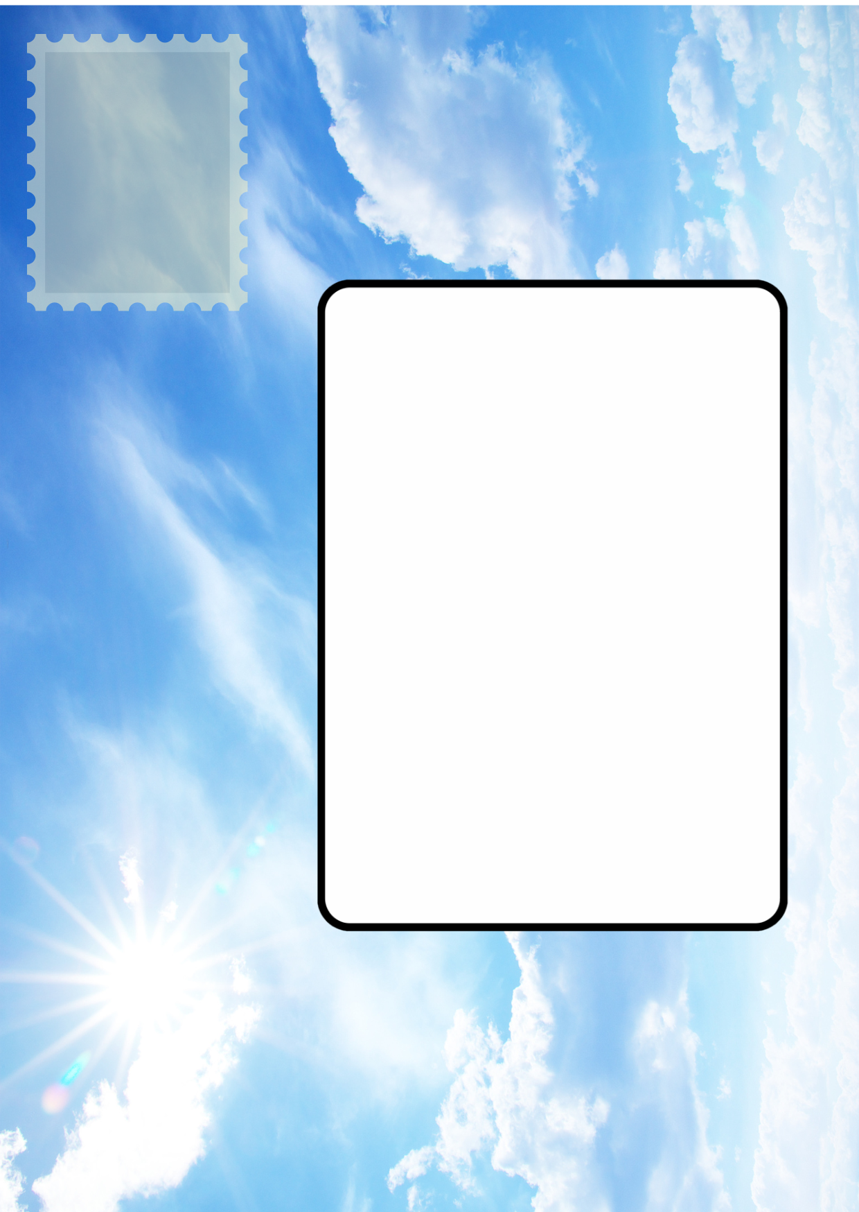 Image shows the front posting cover for the Bare Cards Push the Limit Tri-fold Aerial Sports Birthday Cards. There is a clear white rectangle for the purchaser to write the name or address of the recipient and an image to affix the stamp to. This is on a full colour image of a blue sky with white fluffy clouds and sun. 
