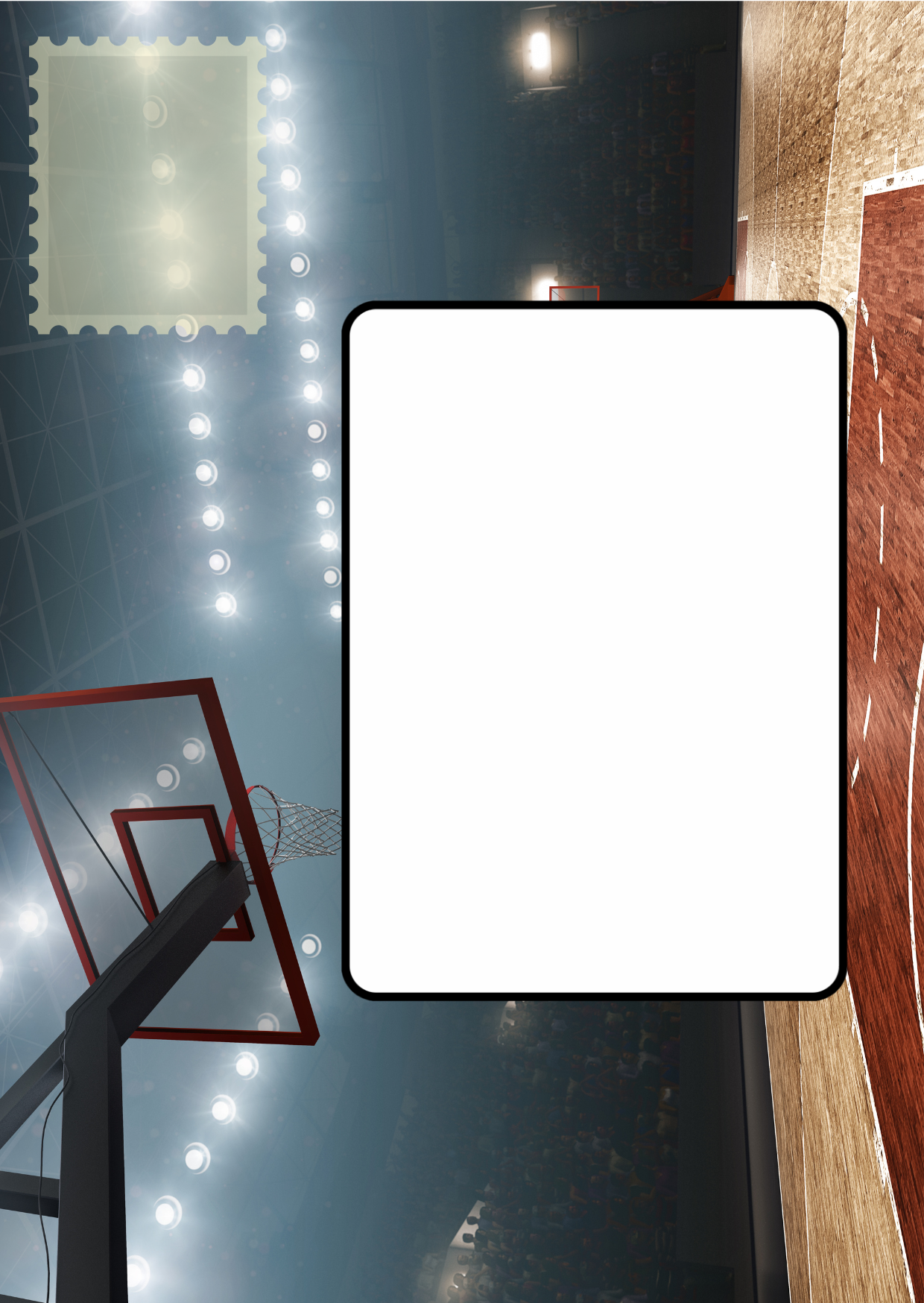 Image shows the front posting cover for the Bare Cards Push the Limit Tri-fold Basketball Birthday Cards. There is a clear white rectangle for the purchaser to write the name or address of the recipient and an image to affix the stamp to. This is on a full colour image of a basketball court.