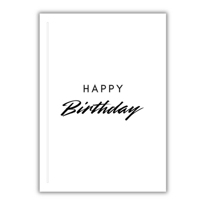 Trifold Birthday Card from the Push the Limit Range. Image shows  the page for people to write their message and the caption reads 'Happy Birthday'. On the left hand side of this page there is a sticky strip for peeling away to seal the card before delivery.