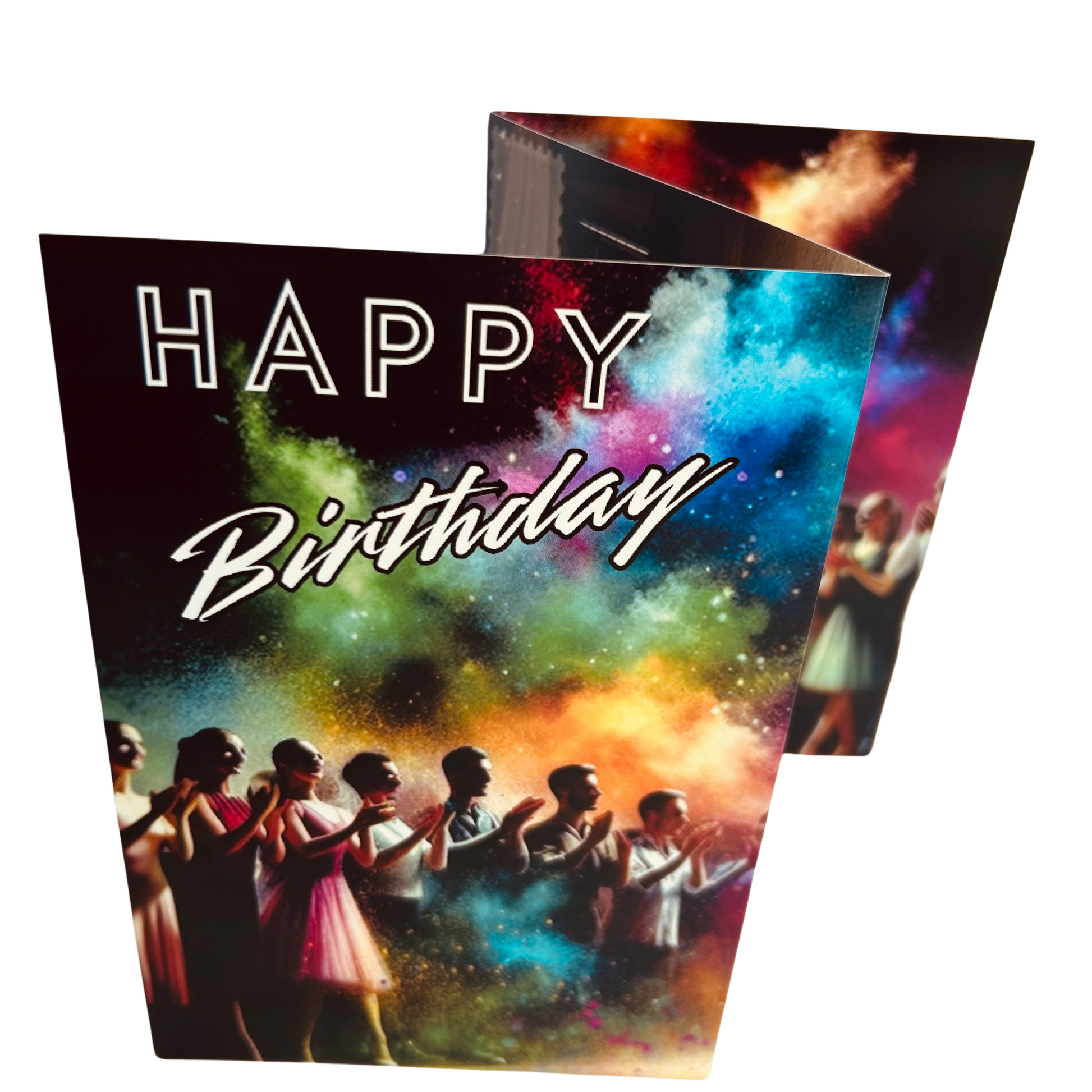 Trifold Dancing Birthday Card from the Push the Limit Range. Image shows the folded card depicting front with audience applauding and a background of colouful paint splatters. The caption reads 'Happy Birthday'.