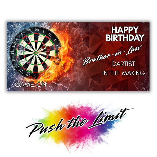 Birthday card for a brother-in-law with a dartboard and flames design, featuring text and a colorful splash. Trifold Darts birthday card; no envelope needed, eco-friendly design. Image also shows Bare Cards "Push the Limit" Logo.
