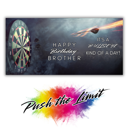 Birthday card for brother with a dartboard and flames design, featuring text and a colorful splash. Trifold Darts birthday card; no envelope needed, eco-friendly design. Image also shows Bare Cards "Push the Limit" Logo.